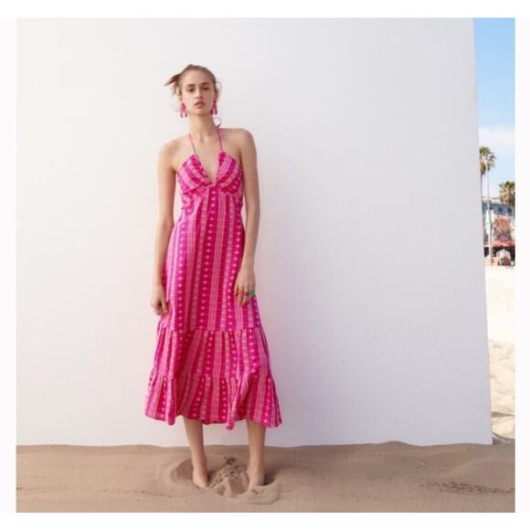 Zara Pink Fuschia Embroidered Midi Dress, Medium - Picture 2 of 5